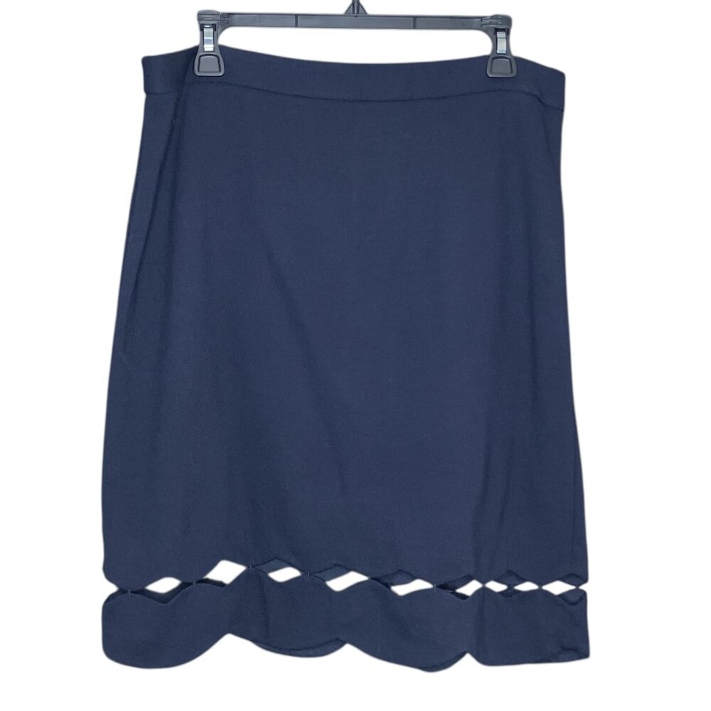 Talbots Petites 12 12P Navy Blue Scalloped Hem Cut Out Ponte Knit Pencil Skirt